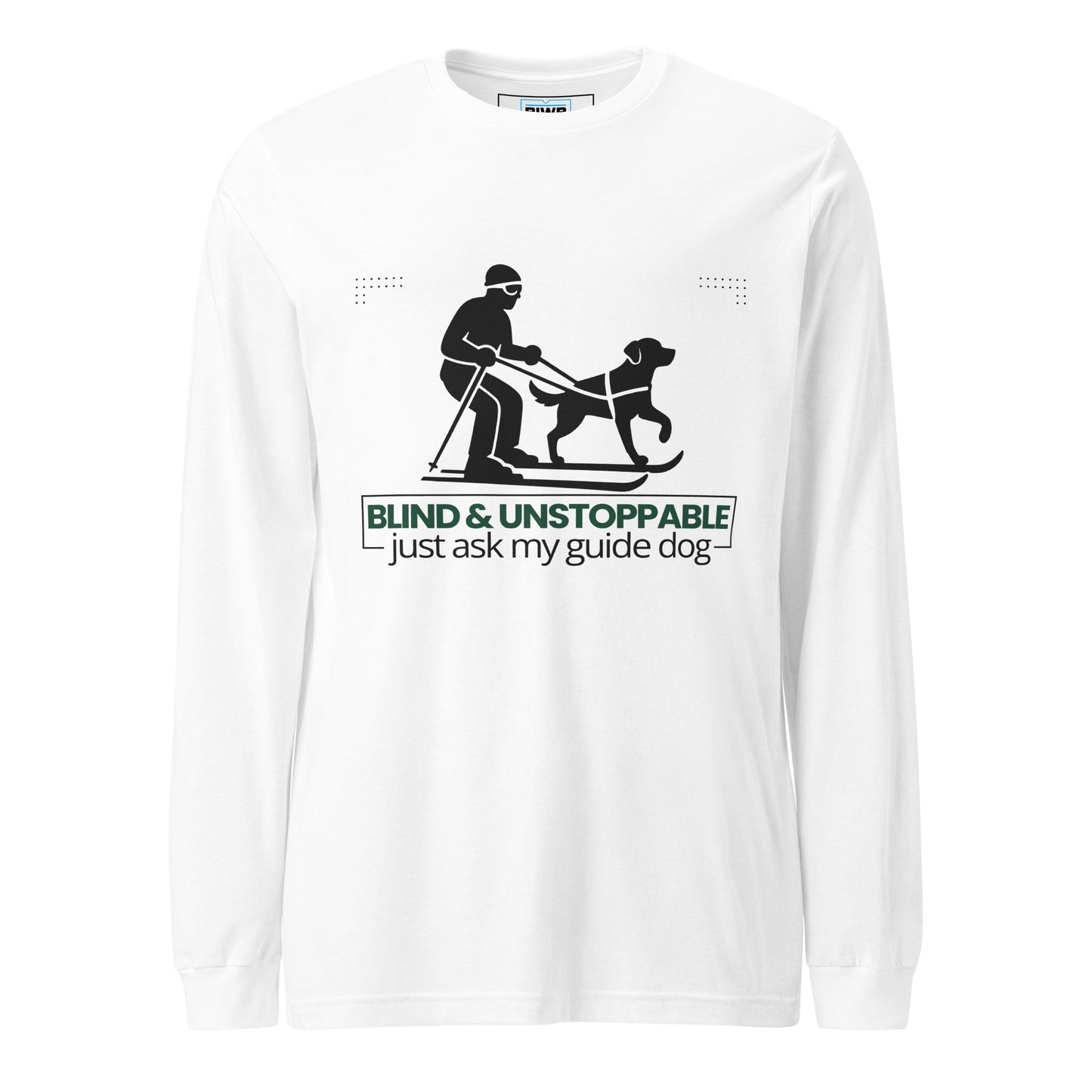 A bold, centered design features a black silhouette of a skier being guided by a harnessed dog, both in forward motion. Below the image, the phrase “BLIND & UNSTOPPABLE – just ask my guide dog” appears in a mix of bold green sans-serif and regular black text. Framing lines and dotted corner accents convey momentum, partnership, and quiet determination.