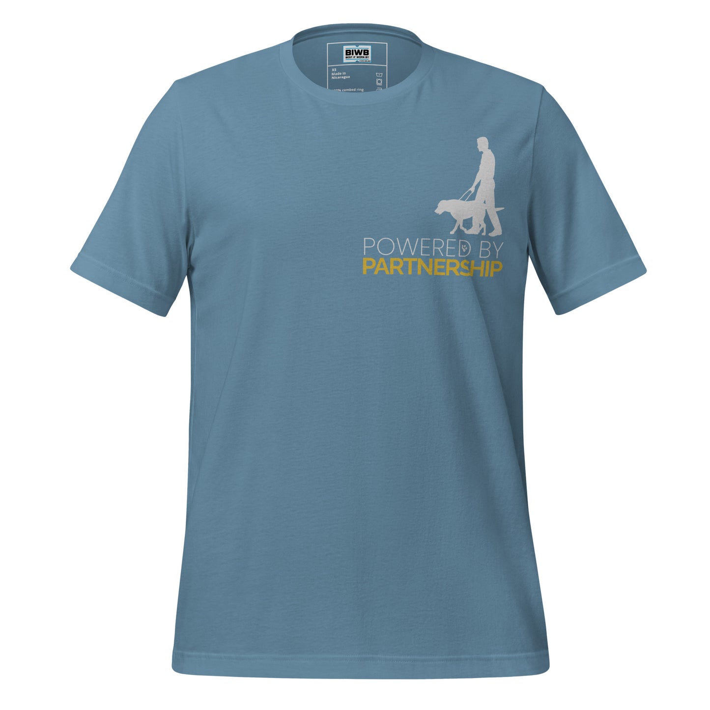 A centered silhouette of a person walking with a guide dog appears above the phrase “POWERED BY PARTNERSHIP.” The top line uses light gray sans-serif text with a paw print inside the letter “D,” while the bottom line is bold gold. The clean layout highlights trust, movement, and the strength of human-canine collaboration.