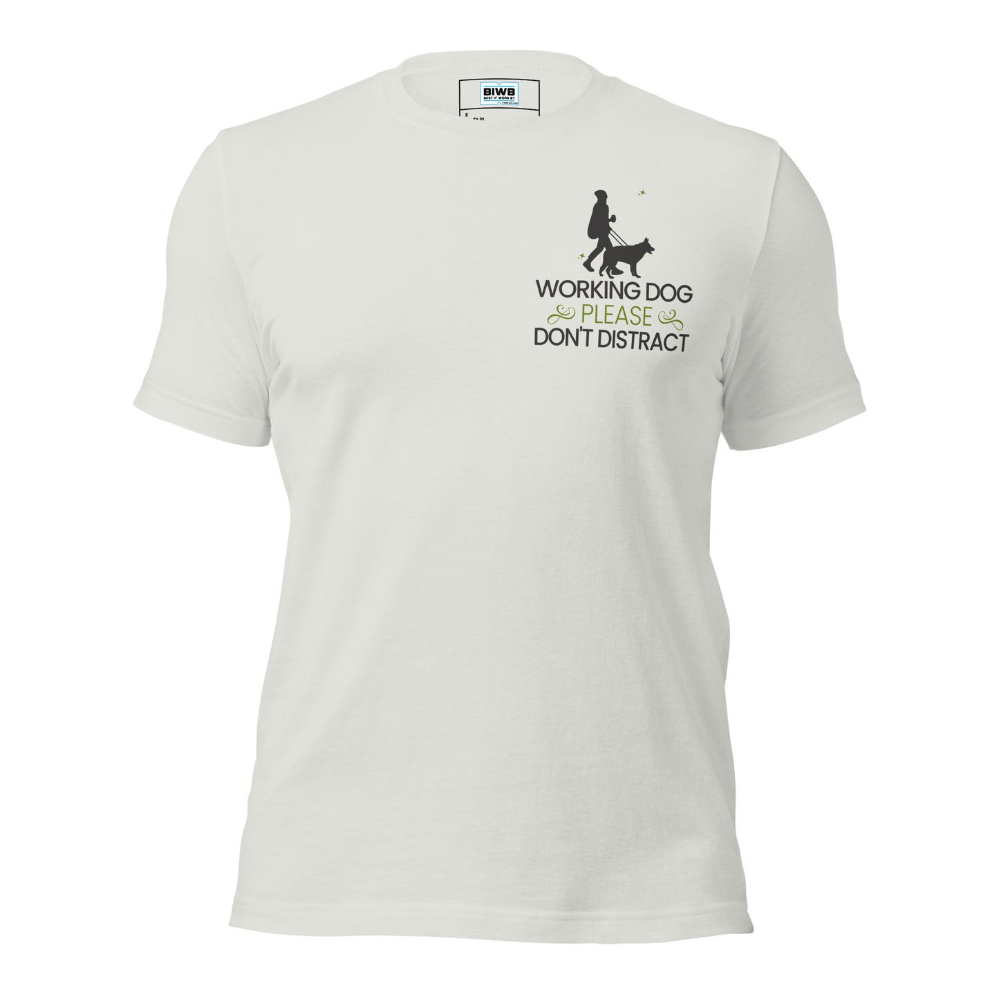 A silhouette of a person walking with a harnessed working dog is placed above the text: "WORKING DOG PLEASE DON'T DISTRACT." The word "PLEASE" is highlighted in a bright color and flanked by decorative swirls, emphasizing the importance of respecting the dog’s role. Small sparkles are scattered around the figures, adding a touch of visual interest.