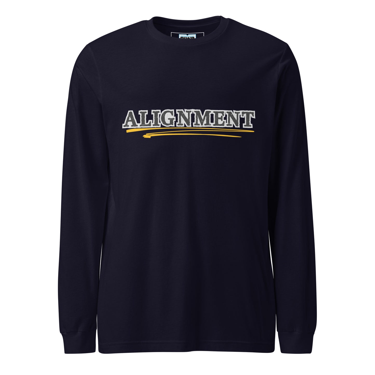 Stencil-style word 'ALIGNMENT' in all caps with a textured black font set against torn-paper-style grey rectangles. A bold yellow hand-drawn underline curves beneath the text, emphasizing the word and adding movement and balance to the design.