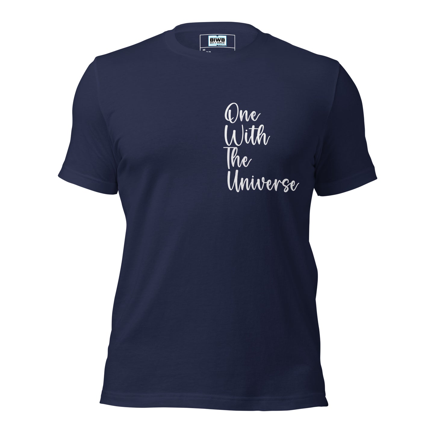 The design features the phrase "One With The Universe" written in soft, flowing white script, stacked vertically in a centered layout. The handwritten-style font gives a gentle and calming feel, with a slightly playful touch, symbolizing harmony, spirituality, and cosmic connection.