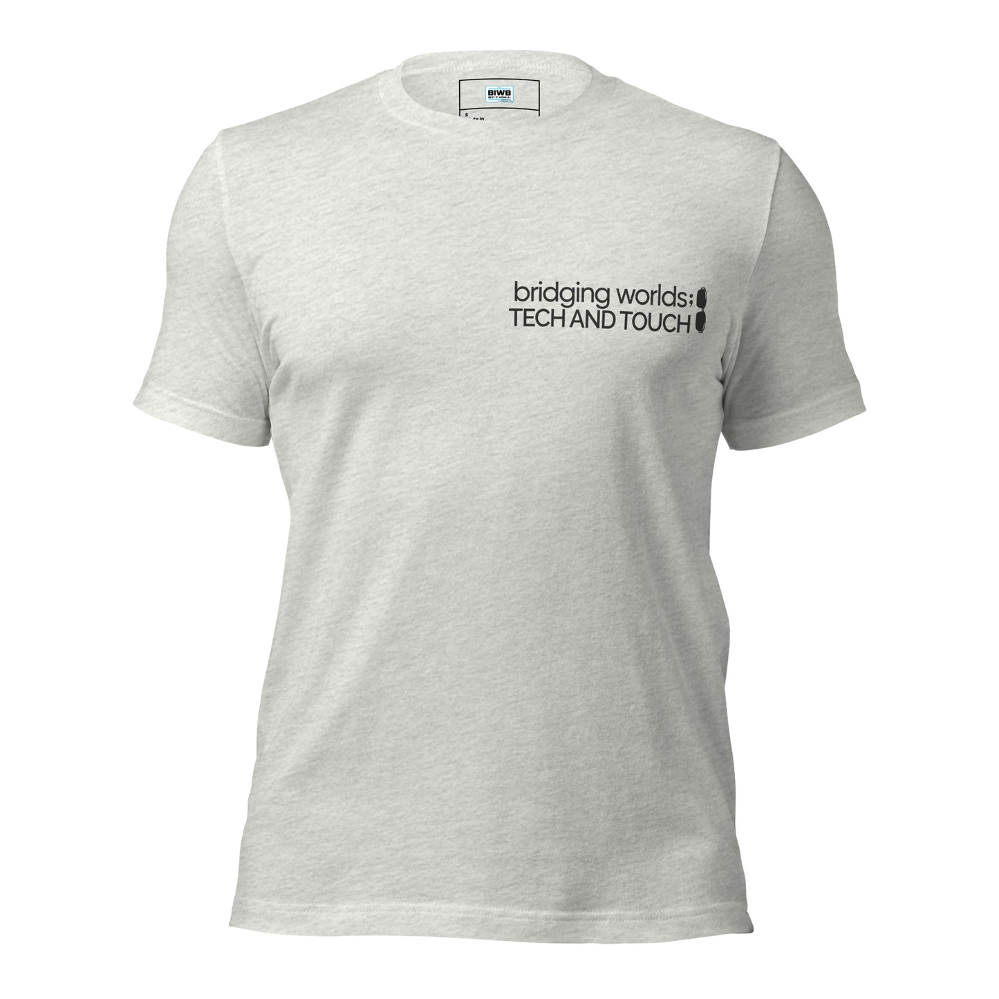 A sleek, two-line typographic design features the phrase “bridging worlds; TECH AND TOUCH” in modern sans-serif text. The words “TECH AND TOUCH” appear bold and uppercase for emphasis, while the semicolon is flanked by tilted smart glasses icons, symbolizing the fusion of assistive technology and human connection.