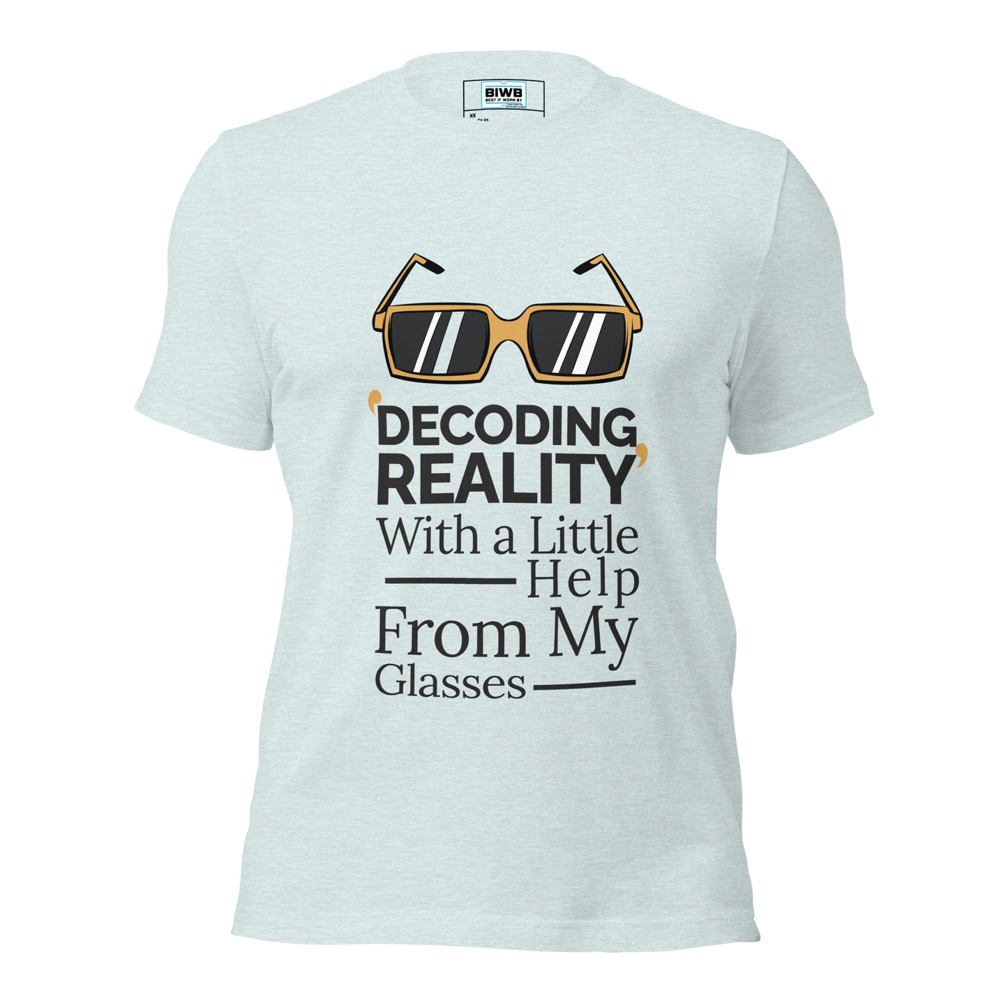 A stylized pair of gold-framed smart glasses appears above the layered phrase “DECODING REALITY With a Little Help From My Glasses,” using a mix of bold and classic serif fonts. Reflective stripes on the lenses and horizontal lines framing the text emphasize clarity, support, and the empowering role of assistive tech.