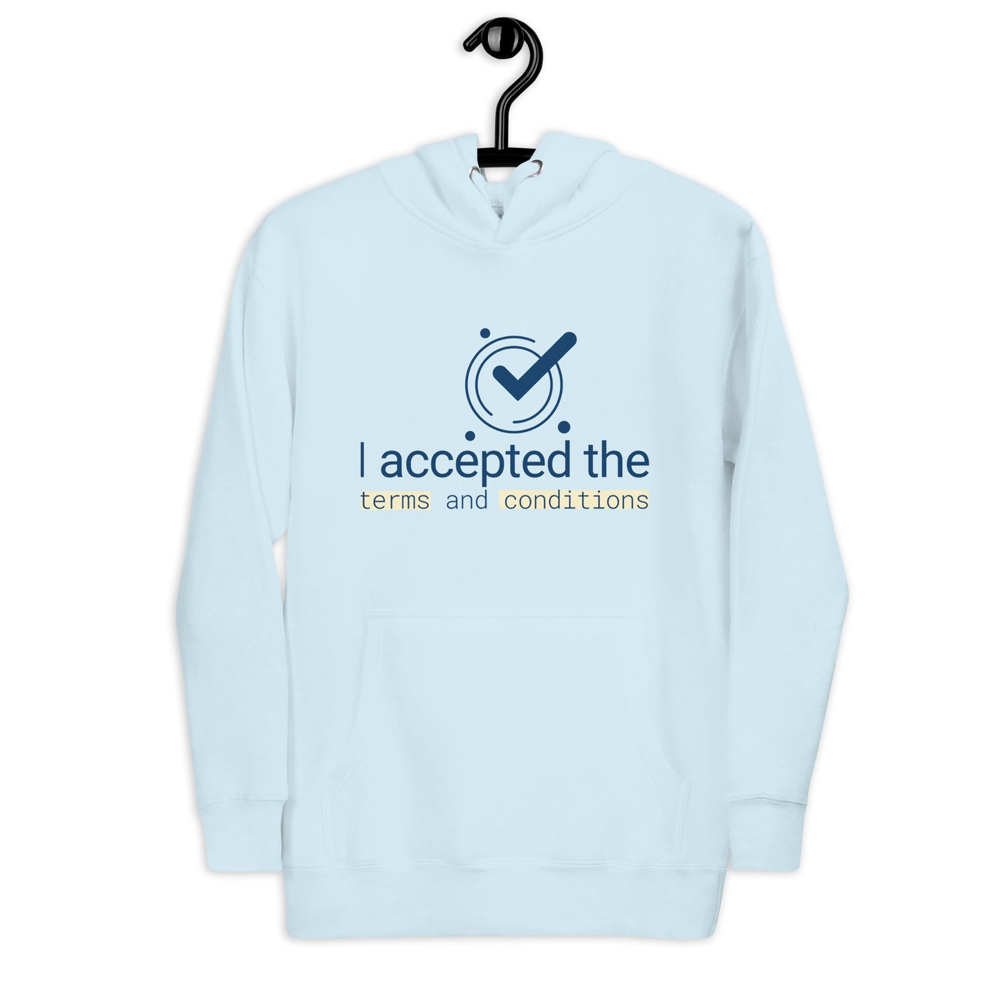 A minimal checkmark enclosed in a circle, echoing a calm, steady pulse. Around it, four evenly spaced dots radiate quiet focus. Below, soft navy text reads “I accepted the,” followed by “terms” and “conditions” highlighted in pale cream — a subtle spotlight. The typewriter font nods to tactile precision, the kind that matters when sight can’t lead. This isn’t about compliance — it’s about autonomy. Quiet tech, peaceful power, made visible.