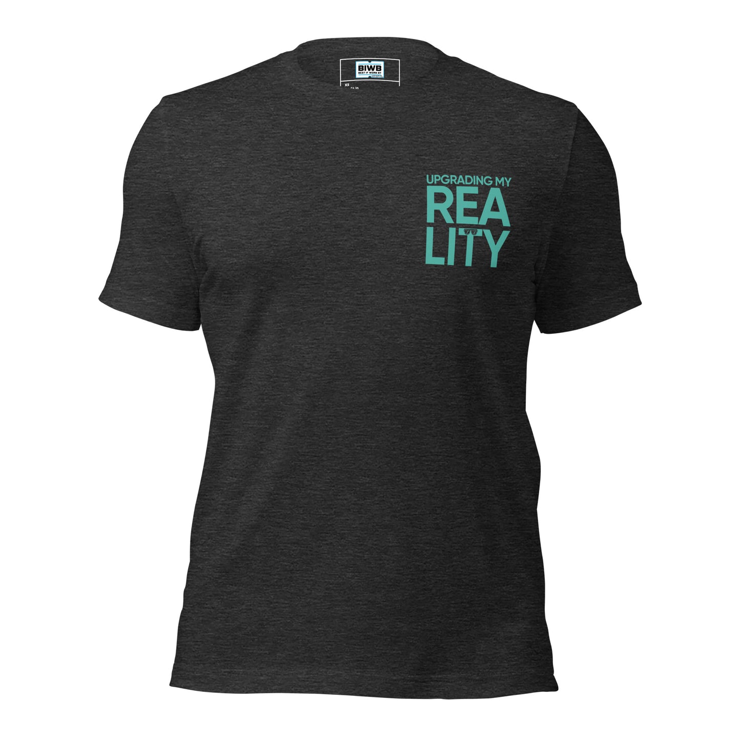 A bold, stacked layout reads “UPGRADING MY” in tight uppercase text, followed by the word “REALITY” split across two oversized lines — “REA” above “LITY.” A sleek pair of glasses rests on the crossbar of the “T,” turning typography into a quiet symbol of insight, transformation, and futuristic clarity.
