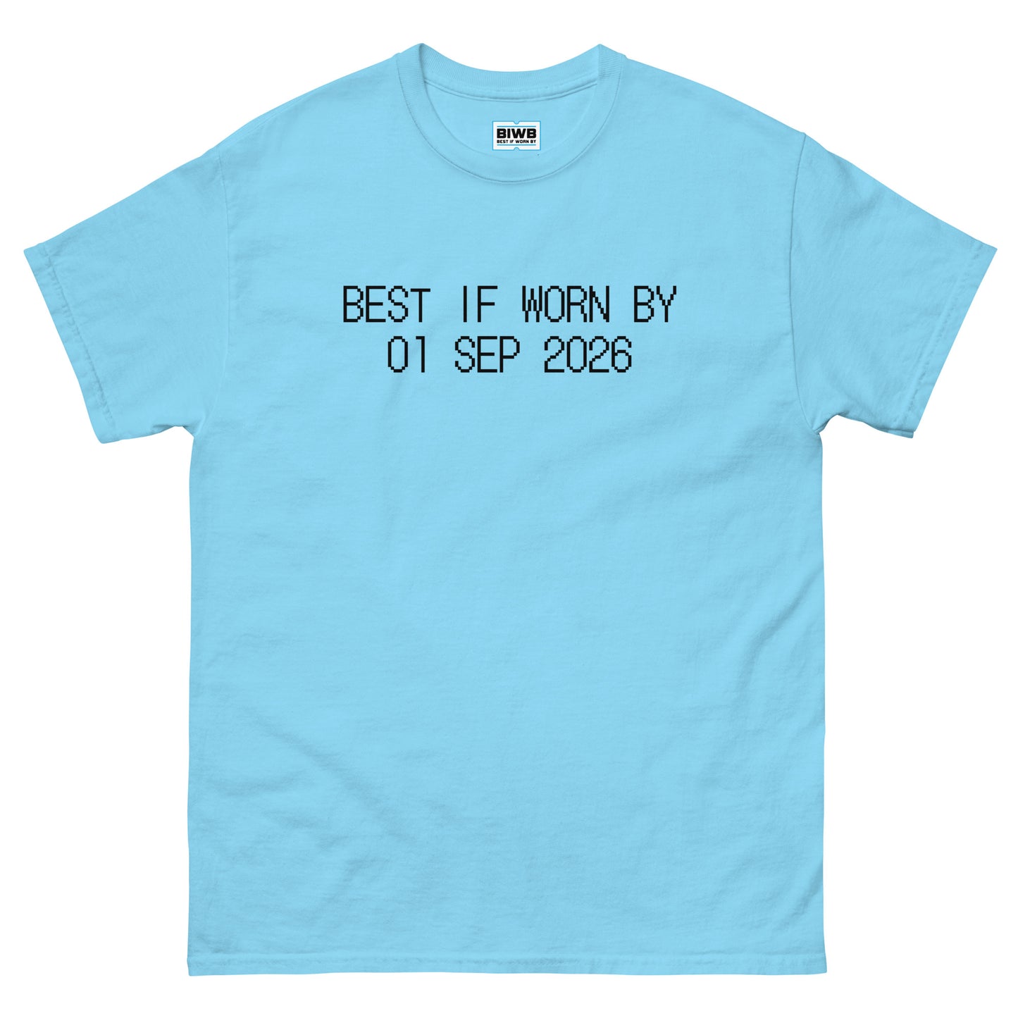 In a minimalist layout, “BEST IF WORN BY 01 SEP 2026” is rendered in black dot matrix font—styled like an expiry tag to evoke reflection on time and awareness.