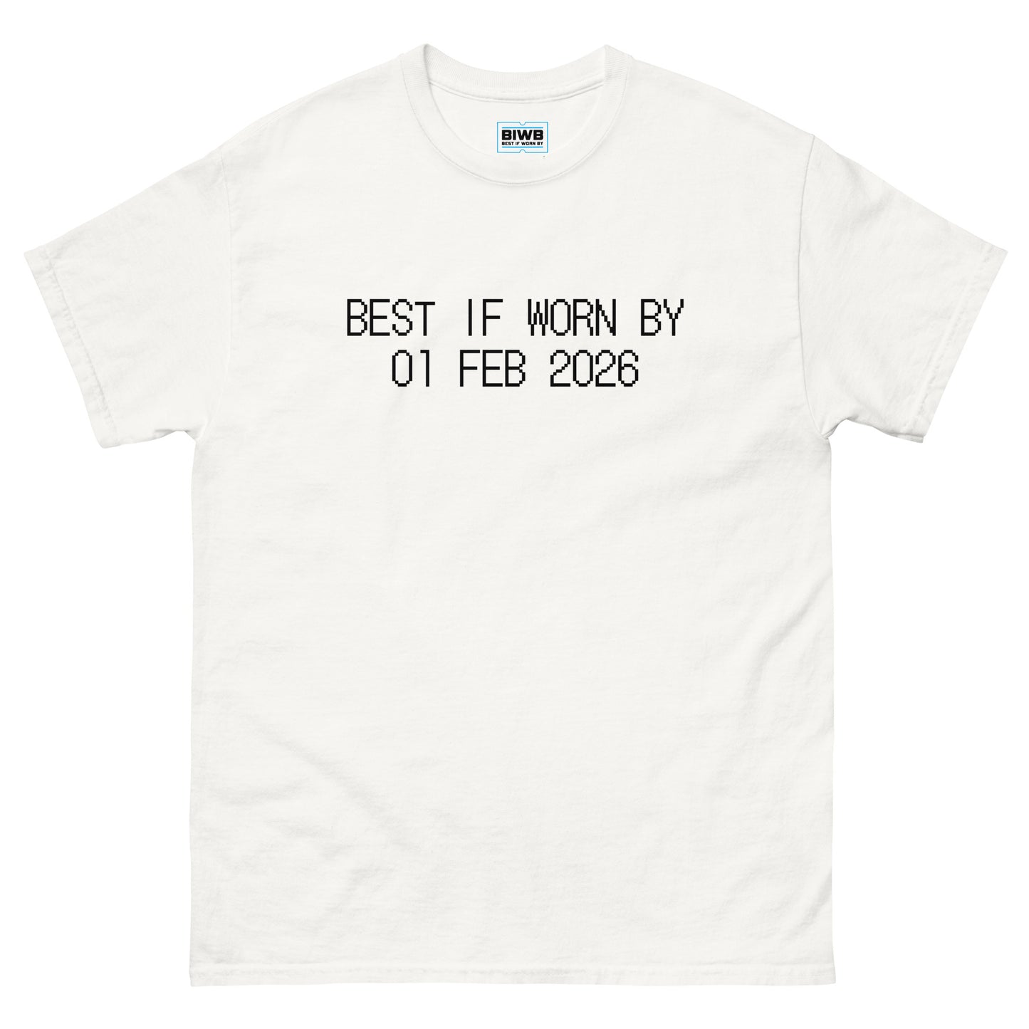 “BEST IF WORN BY 01 FEB 2026” printed in black dot matrix font evokes the style of expiration dates found on packaging—sparking light humor and reflection on how we use our days.