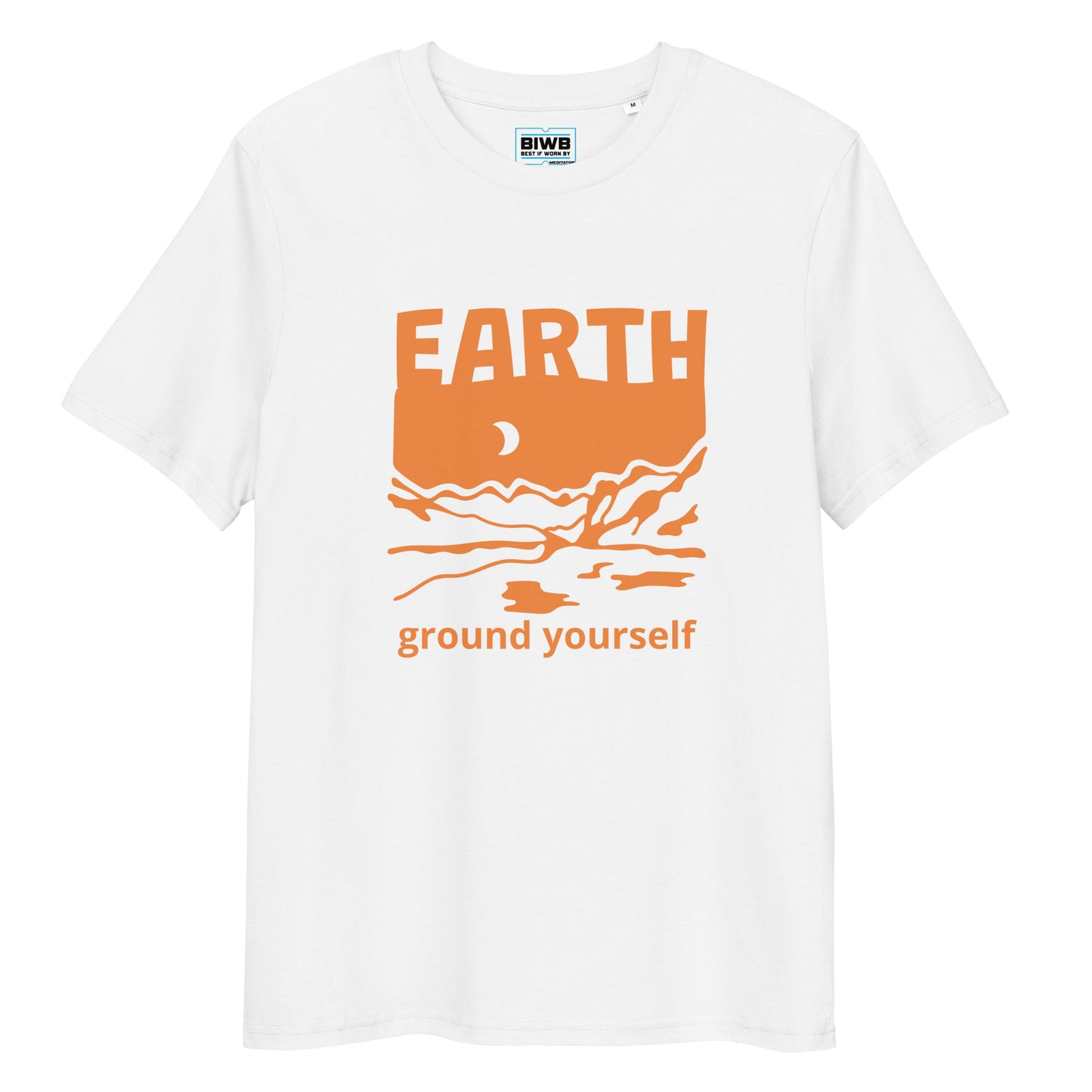 Slate blue t-shirt featuring the word "EARTH" in bold uppercase orange text above a stylized orange illustration of mountains, a crescent moon, and flowing water. Below the artwork, the phrase "ground yourself" appears in lowercase orange letters. Made from 100% organic ring-spun cotton, this unisex t-shirt is a total must-have. It's high-quality