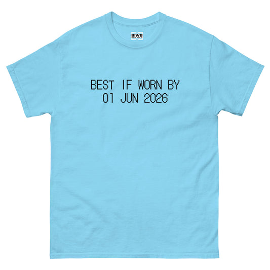 “BEST IF WORN BY 01 JUN 2026” appears in a black dot matrix font resembling expiration stamps—subtly encouraging mindfulness and self-renewal with each day.