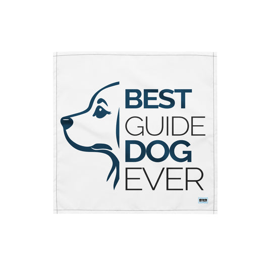 A white bandana features a dark blue, stylized line-art illustration of a dog's head in profile on the left. The phrase "BEST GUIDE DOG EVER" is printed to the right, stacked on three lines. "BEST GUIDE DOG" is in a bold, dark blue sans-serif font, while "EVER" is in a slightly lighter, black font. This phrase expresses deep admiration and gratitude for a guide dog's exceptional service, loyalty, and companionship.