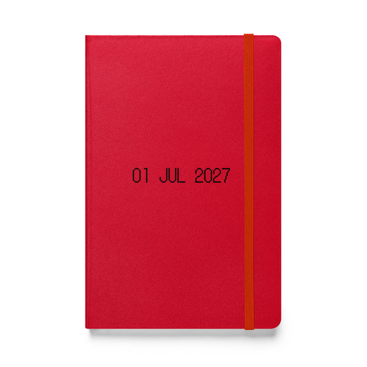 Hardcover journal with black dot matrix font reading “01 JUL 2027” on the cover. A quiet prompt to seek freedom, adventure, and bold expression.