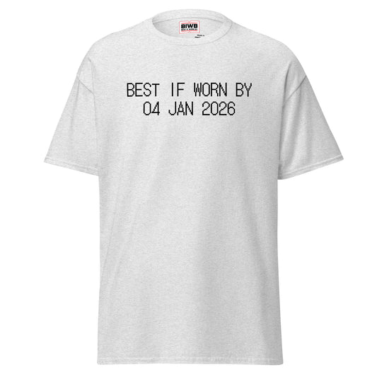 “BEST IF WORN BY 04 JAN 2026” printed in black dot matrix font channels the clarity of expiration tags—hinting at the fleeting nature of winter rest before routines resume.