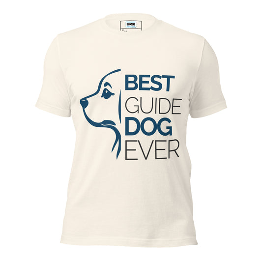 A stylized outline of a dog’s face in profile is positioned beside bold text that reads “BEST GUIDE DOG EVER.” The words alternate between bold and thin fonts to create visual contrast and emphasis, celebrating the guide dog’s excellence.