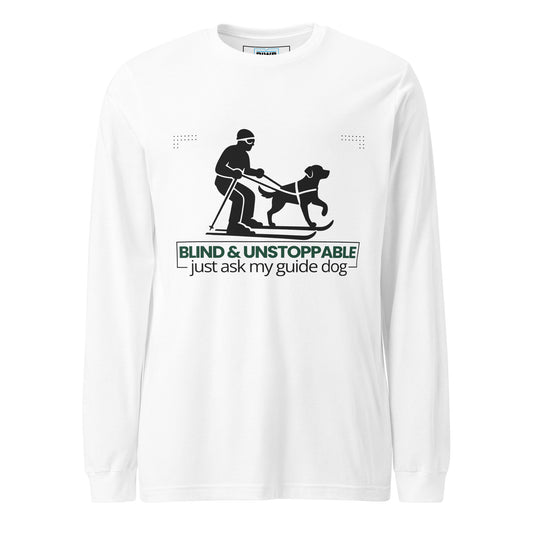 A bold, centered design features a black silhouette of a skier being guided by a harnessed dog, both in forward motion. Below the image, the phrase “BLIND &amp; UNSTOPPABLE – just ask my guide dog” appears in a mix of bold green sans-serif and regular black text. Framing lines and dotted corner accents convey momentum, partnership, and quiet determination.
