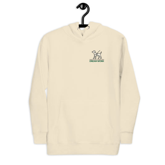 Product mockupA centered illustration of a cream-colored guide dog in black harness appears above the phrase “teamwork makes the DREAM WORK.” The text uses light gray sans-serif for the top line and bold forest green for the bottom, creating a clean, balanced layout that promotes accessibility, partnership, and peace.