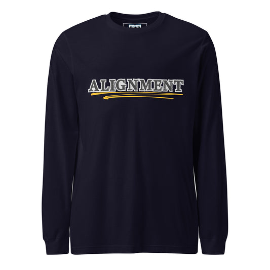 Stencil-style word 'ALIGNMENT' in all caps with a textured black font set against torn-paper-style grey rectangles. A bold yellow hand-drawn underline curves beneath the text, emphasizing the word and adding movement and balance to the design.