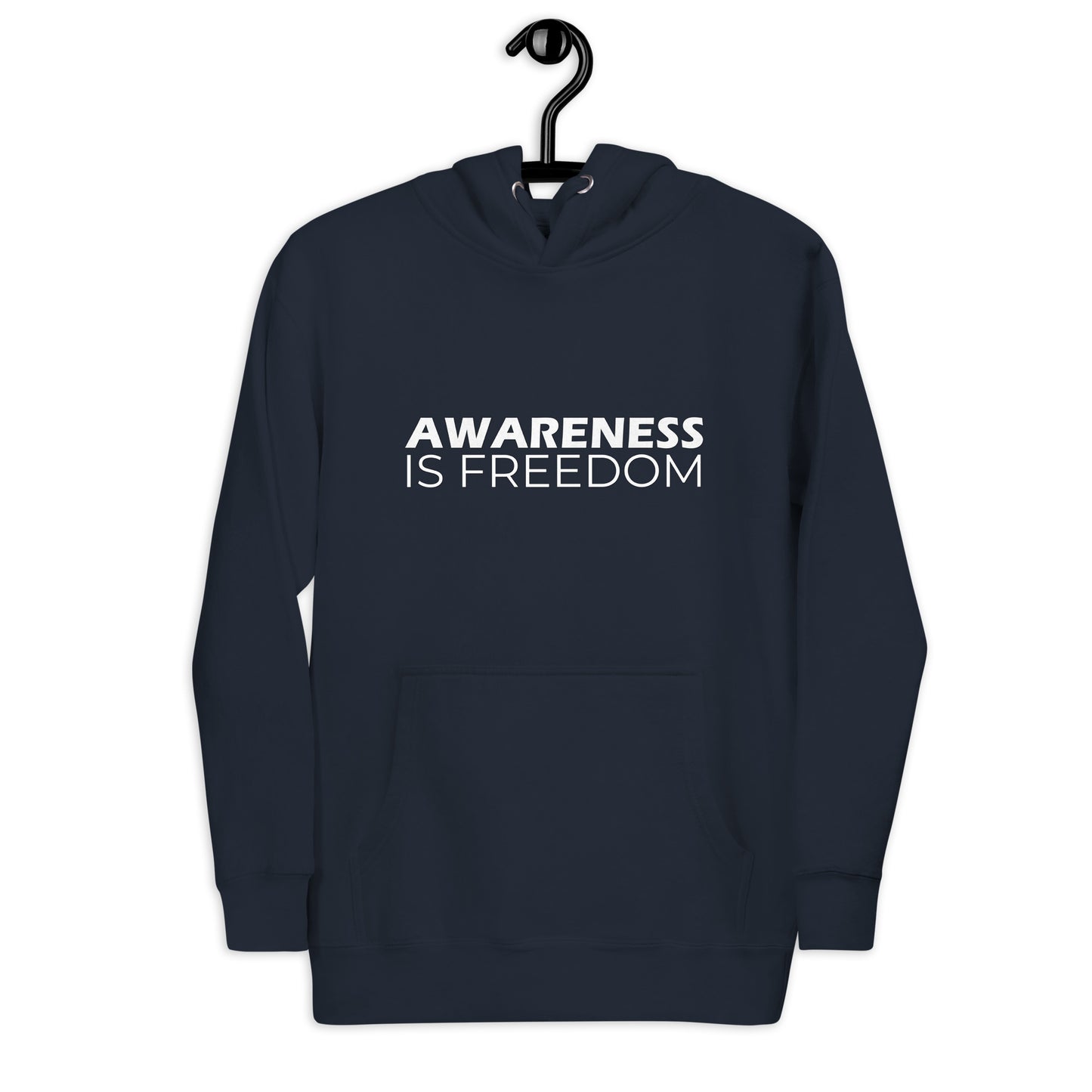 Bold, minimalist typography featuring the phrase 'AWARENESS IS FREEDOM'. The word 'AWARENESS' is in uppercase bold font, while 'IS FREEDOM' is in a thinner, modern uppercase style, emphasizing clarity, consciousness, and liberation.