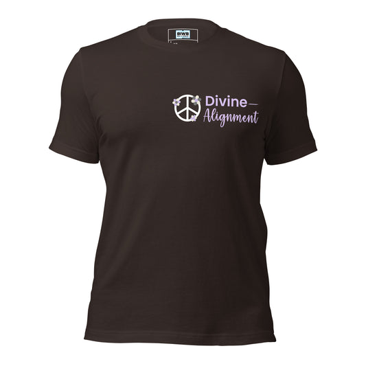 A white peace symbol decorated with soft purple, lavender, and beige flowers appears to the left of the phrase “Divine Alignment.” The word “Divine” is in bold lavender sans-serif font with a long trailing underline, while “Alignment” is written in a flowing lavender script, creating a calm and harmonious aesthetic.