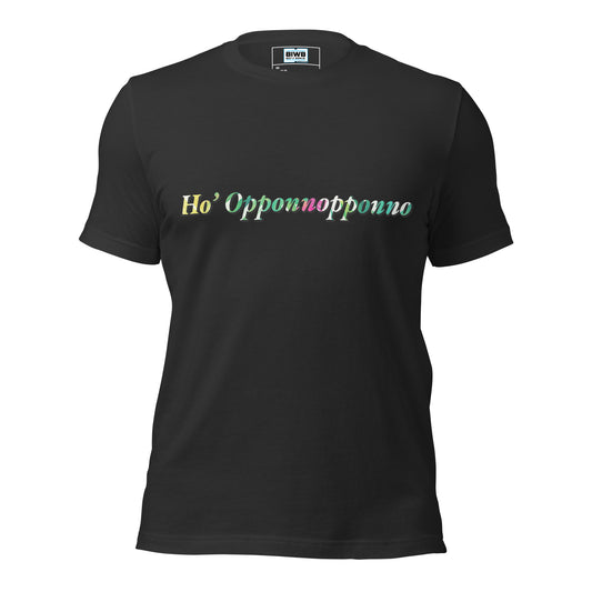 A colorful gradient phrase “Ho’ Opponnopponno” is displayed in italic serif font with alternating shades of yellow, green, pink, and white across the letters. The layout is centered with no additional graphics, creating a visually fluid and vibrant textual design.