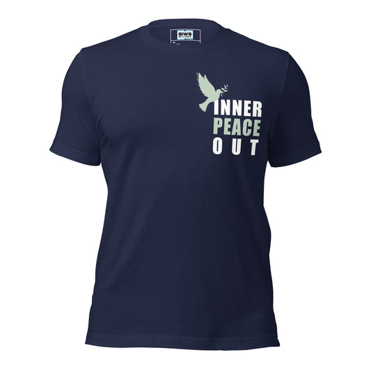 A minimalist light green dove holding an olive branch flies above the bold white text “INNER PEACE,” with the word “OUT” subtly with gaps in between the letters- making the design aesthetically pleasing.