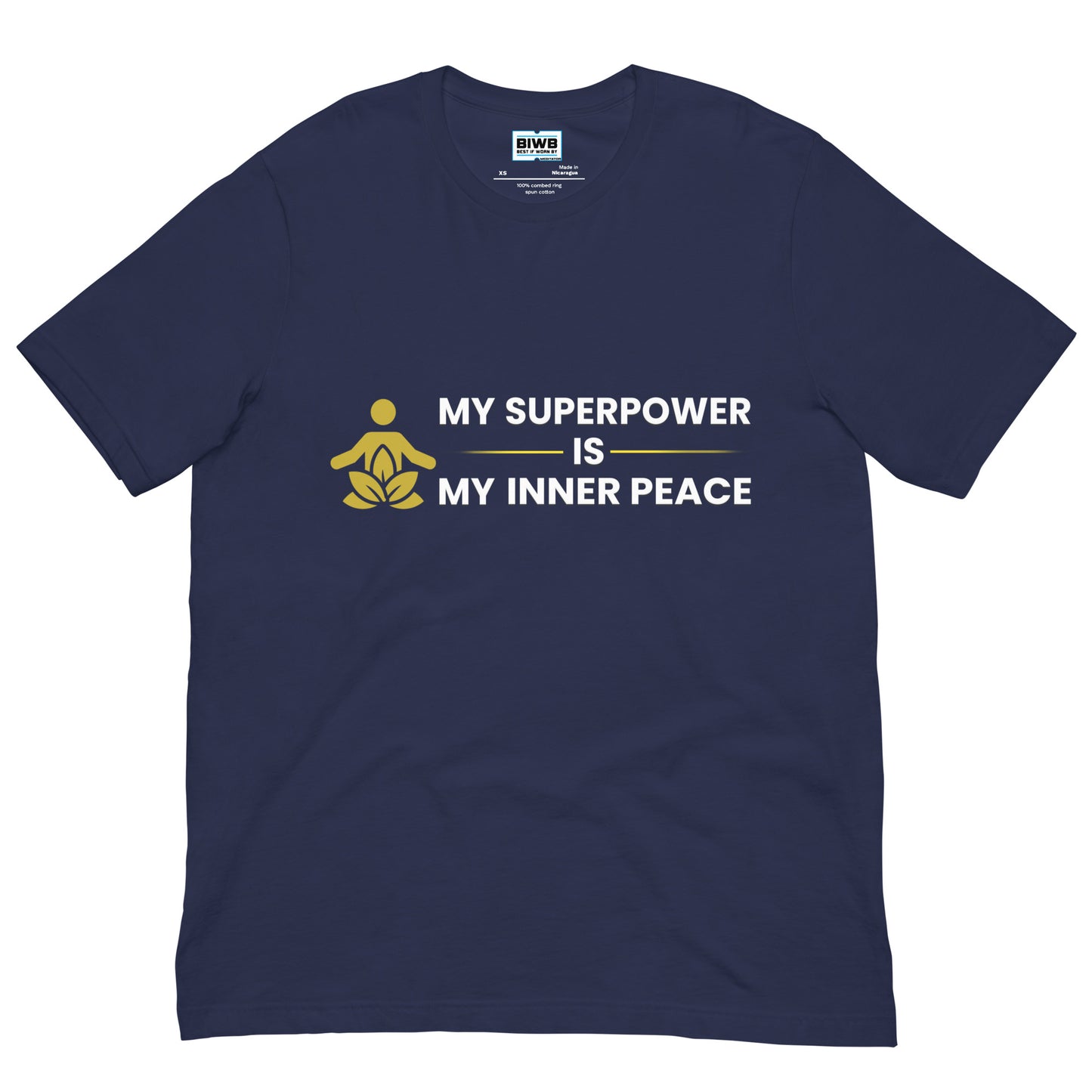 Bold white text reads “MY SUPERPOWER IS MY INNER PEACE,” with “IS” centered between two yellow lines. To the left of the text is a golden figure in a meditative lotus pose, sitting over a stylized lotus flower.