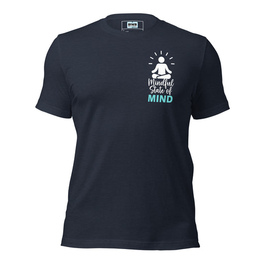 Minimalist illustration of a person meditating in a seated position with radiating lines above the head, symbolizing mindfulness. Below the figure, the phrase 'Mindful State of MIND' is written, with 'Mindful State of' in a white handwritten font and 'MIND' in bold light blue uppercase letters, emphasizing mental clarity and calm.
