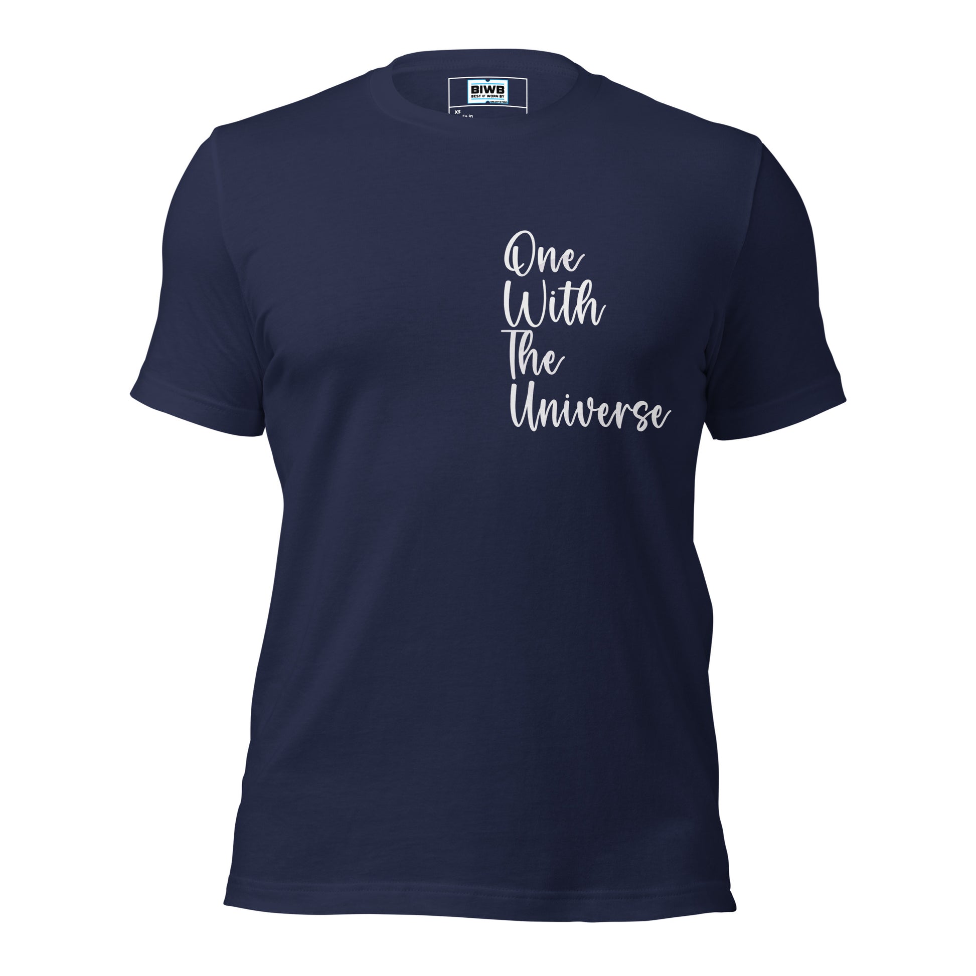 The design features the phrase "One With The Universe" written in soft, flowing white script, stacked vertically in a centered layout. The handwritten-style font gives a gentle and calming feel, with a slightly playful touch, symbolizing harmony, spirituality, and cosmic connection.