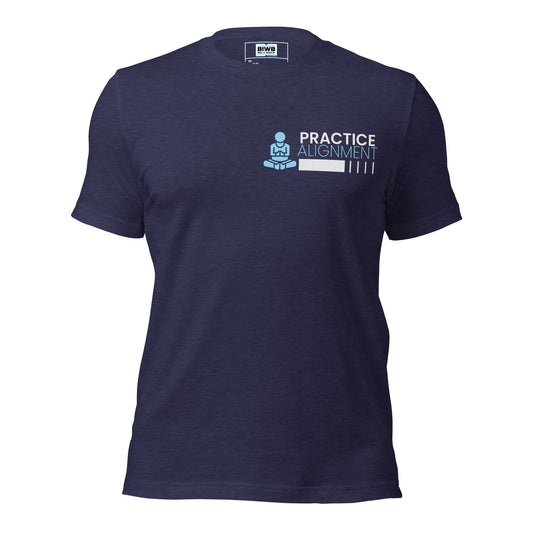 A simple blue figure sits cross-legged in a meditative pose to the left of the phrase "Practice Alignment." The word "Practice" is in bold white uppercase font, while "Alignment" appears below it in a thinner light blue all-caps font. Below the text, a horizontal white bar is paired with five vertical white lines, symbolizing balance and energy alignment.