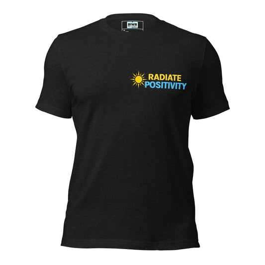 The design showcases a bold yellow sun icon on the left, followed by the phrase "Radiate Positivity" in all caps. The word "Radiate" is in bright yellow, while "Positivity" is in vibrant sky blue, both set in a modern, bold sans-serif font. The layout is horizontal, with the uplifting colors and sun graphic symbolizing joy, warmth, and positive energy.