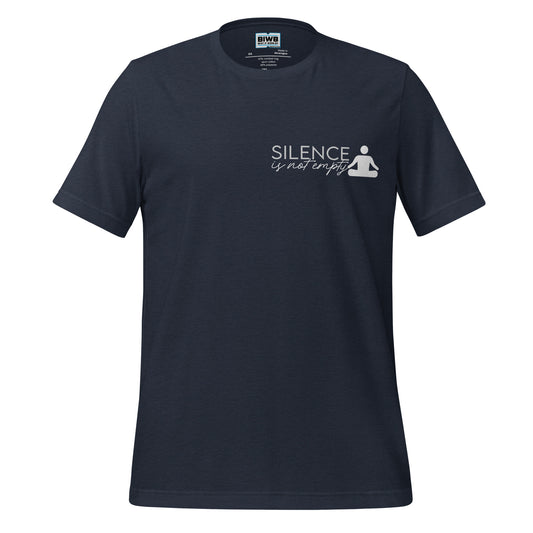 The phrase “SILENCE is not empty” written in two styles — “SILENCE” in bold uppercase and “is not empty” in elegant script — accompanied by a simple icon of a person sitting in a lotus meditation pose on the right.