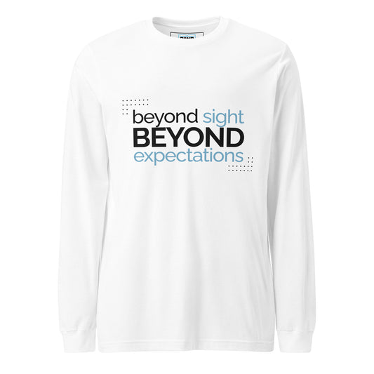 A stacked typographic layout features the phrase “beyond sight BEYOND expectations,” blending lowercase and bold uppercase fonts. The words “sight” and “expectations” appear in soft blue, while dotted corner accents add subtle visual texture, reinforcing a message of surpassing limits through perspective and possibility.