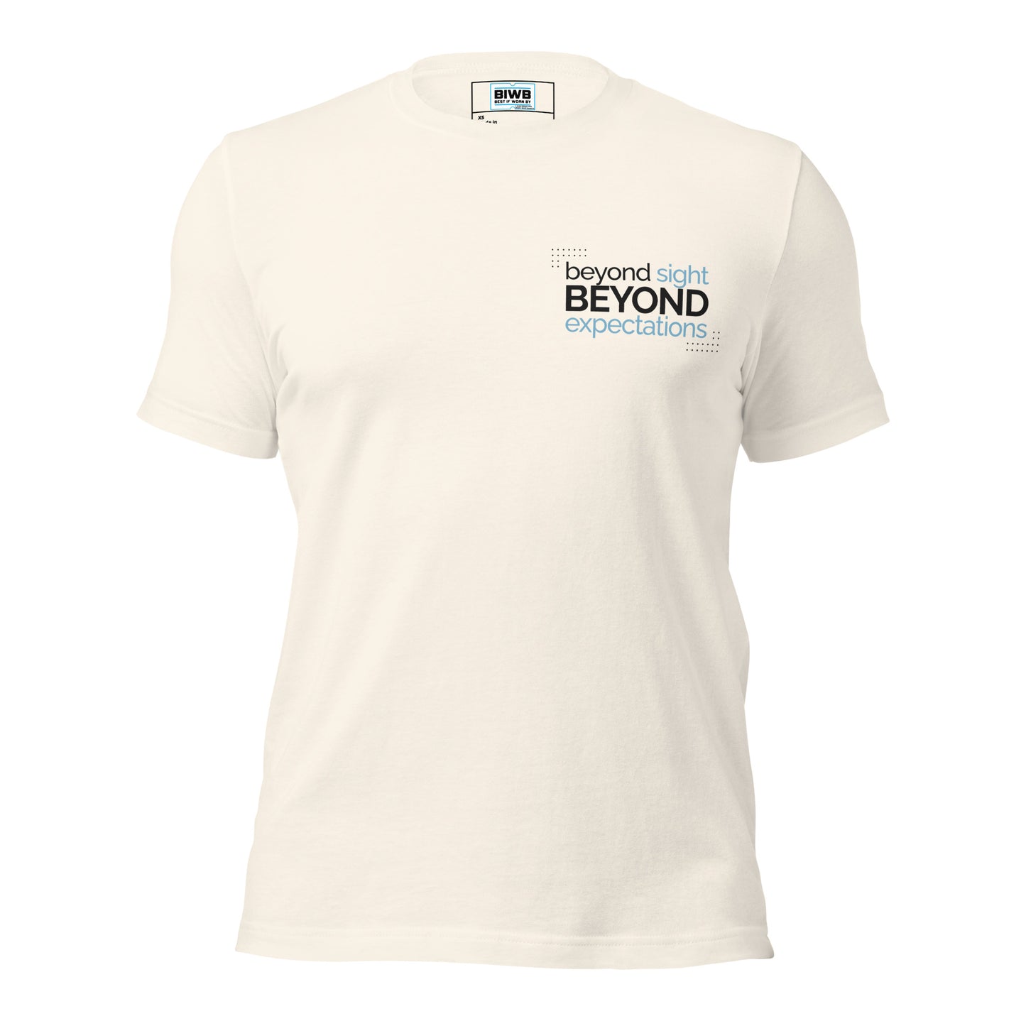 A stacked typographic layout features the phrase “beyond sight BEYOND expectations,” blending lowercase and bold uppercase fonts. The words “sight” and “expectations” appear in soft blue, while dotted corner accents add subtle visual texture, reinforcing a message of surpassing limits through perspective and possibility.