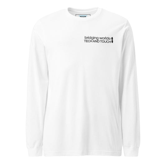 A sleek, two-line typographic design features the phrase “bridging worlds; TECH AND TOUCH” in modern sans-serif text. The words “TECH AND TOUCH” appear bold and uppercase for emphasis, while the semicolon is flanked by tilted smart glasses icons, symbolizing the fusion of assistive technology and human connection.