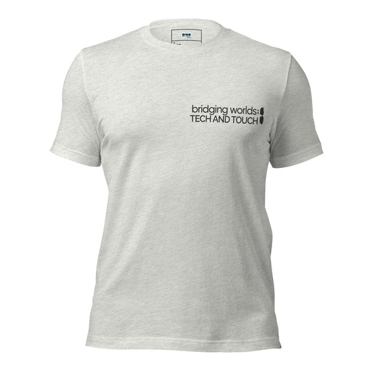 A sleek, two-line typographic design features the phrase “bridging worlds; TECH AND TOUCH” in modern sans-serif text. The words “TECH AND TOUCH” appear bold and uppercase for emphasis, while the semicolon is flanked by tilted smart glasses icons, symbolizing the fusion of assistive technology and human connection.