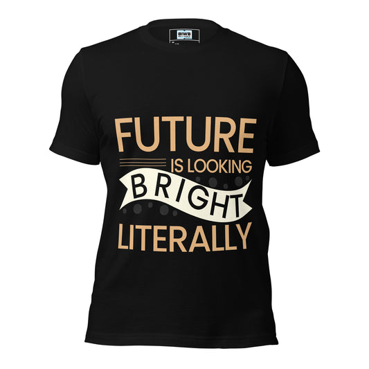 Playful yet bold typographic composition reading “FUTURE IS LOOKING BRIGHT LITERALLY.” The word “FUTURE” is large and capitalized in warm orange, grounded by three horizontal lines. “IS LOOKING” sits to the right in a more compact font. The word “BRIGHT” cuts through the center on a sweeping cream banner, set against a backdrop of textured circular dots resembling tactile signals or illuminated markers. “LITERALLY” in the same bold orange anchors the message. The design evokes a sense of energized clarity, 