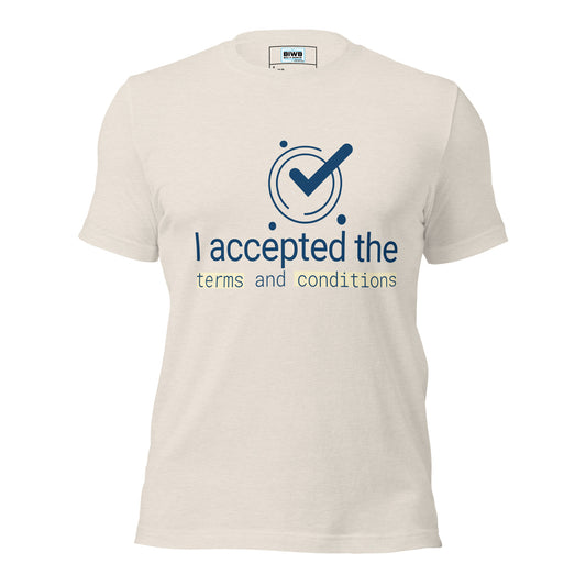 A minimal checkmark enclosed in a circle, echoing a calm, steady pulse. Around it, four evenly spaced dots radiate quiet focus. Below, soft navy text reads “I accepted the,” followed by “terms” and “conditions” highlighted in pale cream — a subtle spotlight. The typewriter font nods to tactile precision, the kind that matters when sight can’t lead. This isn’t about compliance — it’s about autonomy. Quiet tech, peaceful power, made visible.