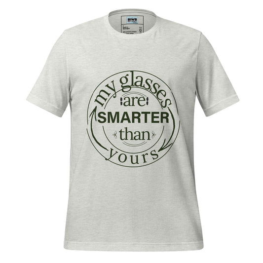 Playful circular typography reading “my glasses are SMARTER than yours,” with “SMARTER” boldly emphasized in uppercase block letters. The words spiral within a double-ringed circular layout, accented by curving arrows that guide the eye around the phrase. The text mixes serif and sans-serif styles, suggesting a clever blend of tradition and technology. The message delivers a confident, tech-forward statement—hinting at advanced eyewear with elevated capabilities.