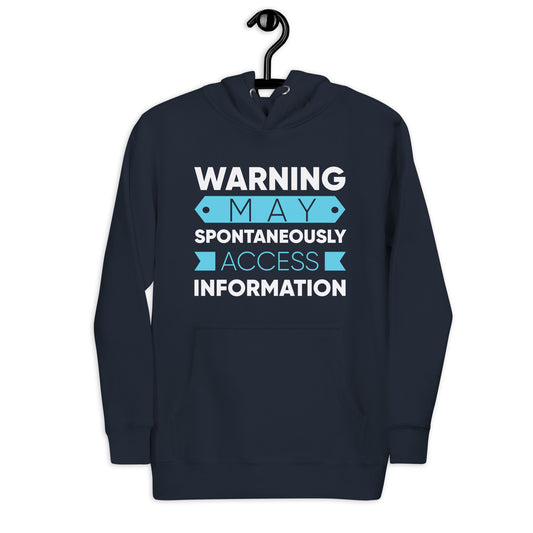 A crisp, commanding layout with the phrase: “WARNING: MAY SPONTANEOUSLY ACCESS INFORMATION.”
The word “WARNING” leads in bold white caps, stark and grounded. Below, the word “MAY” rests inside a cyan, horizontal tag-shaped block — unembellished, functional. “SPONTANEOUSLY” follows in strong uppercase, giving pace. “ACCESS” appears in thinner cyan lines, bookended by minimalist arrow shapes. “INFORMATION” anchors the composition, blocky and resolute.
No excess, no clutter — just clarity and control. A wearab