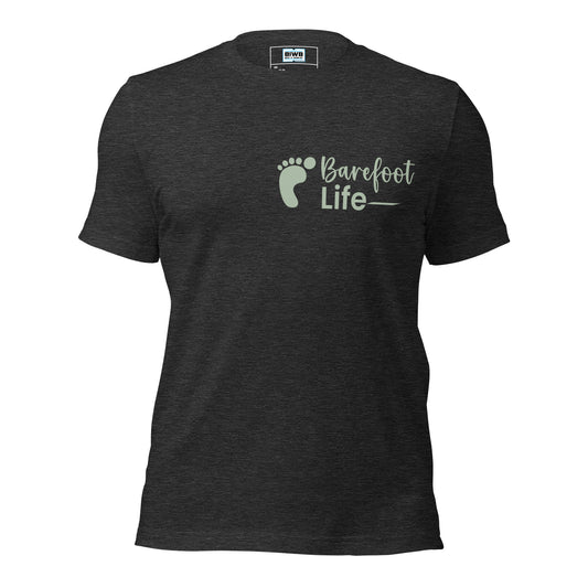 A light sage green footprint icon appears beside the phrase "Barefoot Life," with "Barefoot" in a flowing handwritten script and "Life" in bold uppercase sans-serif font. A subtle underline extends from the word “Life,” adding emphasis and movement to the design.
