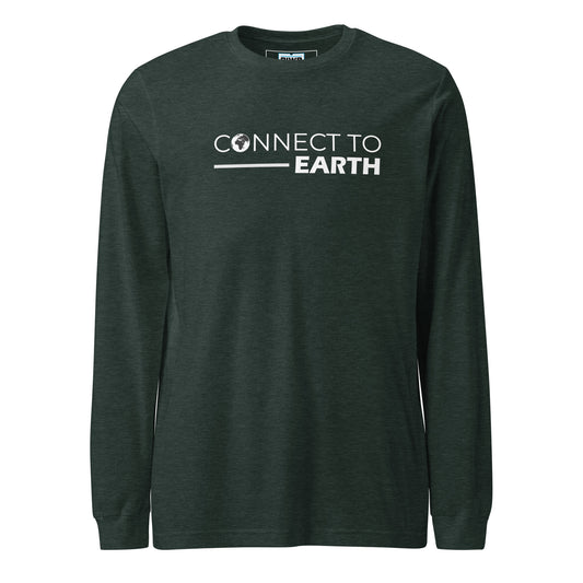 A bold design with the phrase "CONNECT TO EARTH" in white, where "CONNECT TO" appears in a clean all-caps sans-serif font and "EARTH" is in a thicker, slightly slanted bold font. A white globe icon replaces the “O” in “CONNECT,” and a horizontal line beneath the text emphasizes the connection theme.