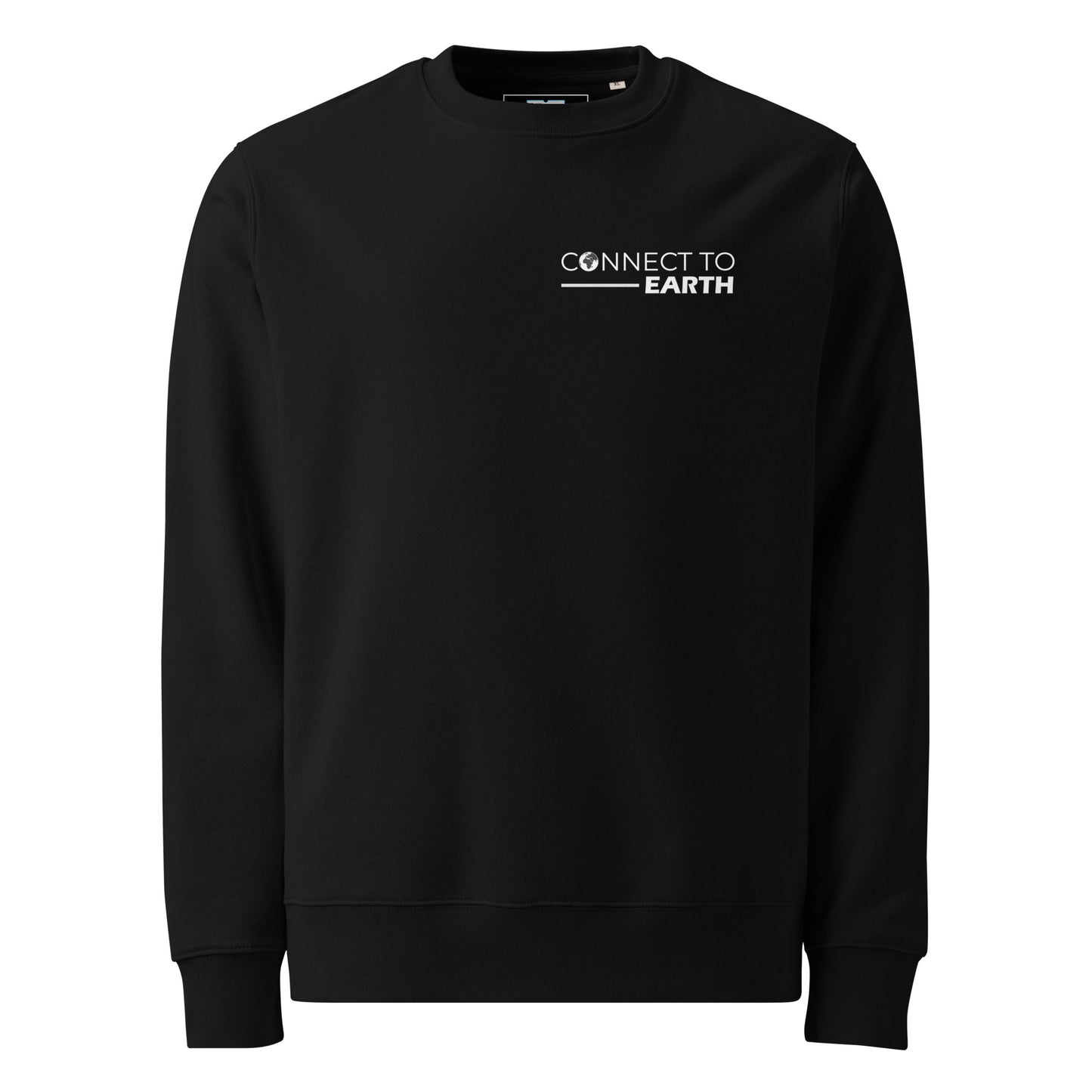 A bold design with the phrase "CONNECT TO EARTH" in white, where "CONNECT TO" appears in a clean all-caps sans-serif font and "EARTH" is in a thicker, slightly slanted bold font. A white globe icon replaces the “O” in “CONNECT,” and a horizontal line beneath the text emphasizes the connection theme.