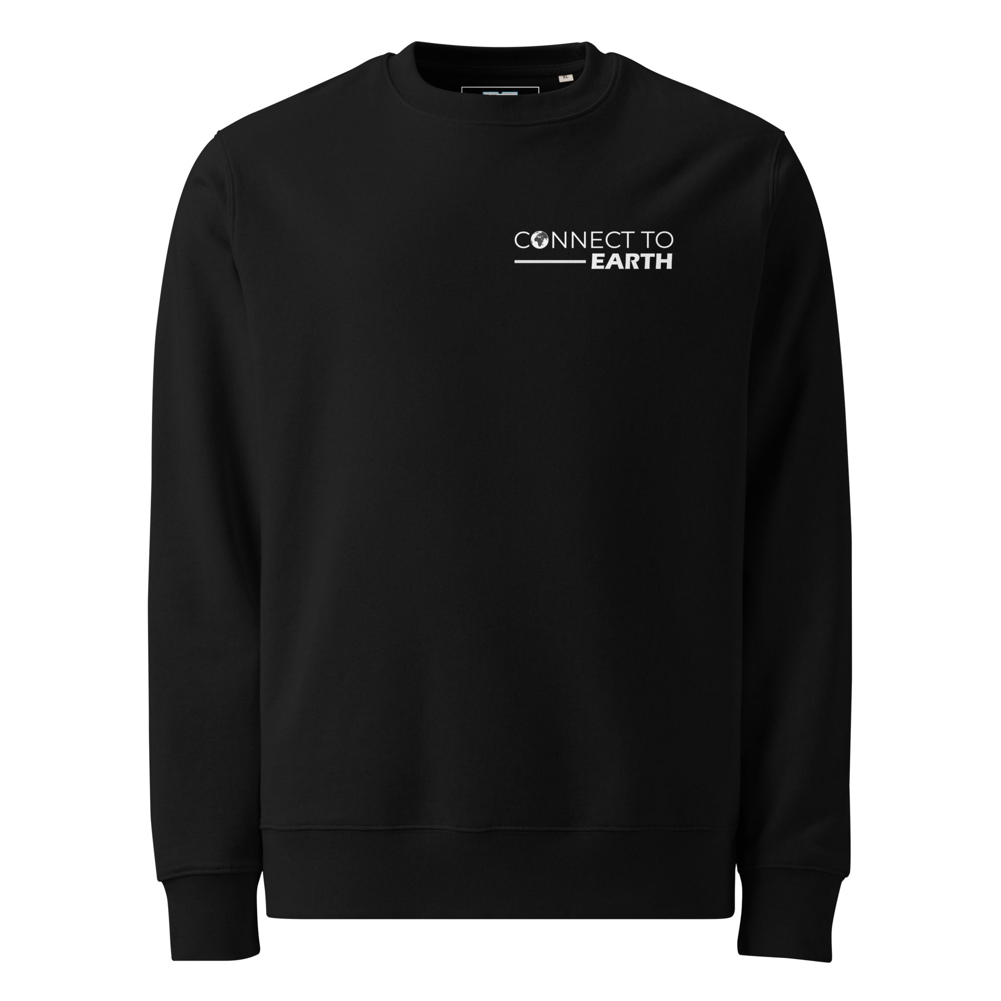 A bold design with the phrase "CONNECT TO EARTH" in white, where "CONNECT TO" appears in a clean all-caps sans-serif font and "EARTH" is in a thicker, slightly slanted bold font. A white globe icon replaces the “O” in “CONNECT,” and a horizontal line beneath the text emphasizes the connection theme.