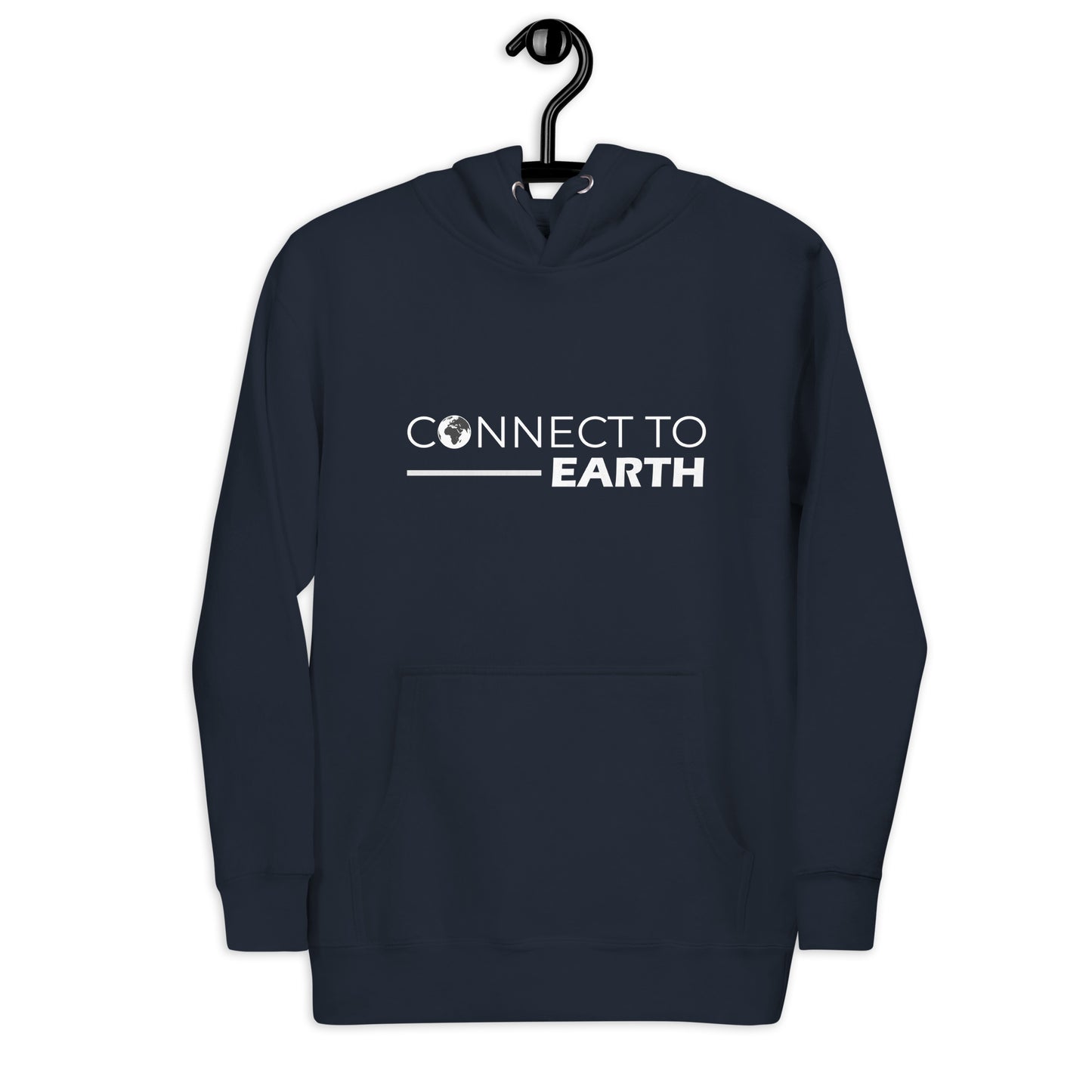 A bold design with the phrase "CONNECT TO EARTH" in white, where "CONNECT TO" appears in a clean all-caps sans-serif font and "EARTH" is in a thicker, slightly slanted bold font. A white globe icon replaces the “O” in “CONNECT,” and a horizontal line beneath the text emphasizes the connection theme.