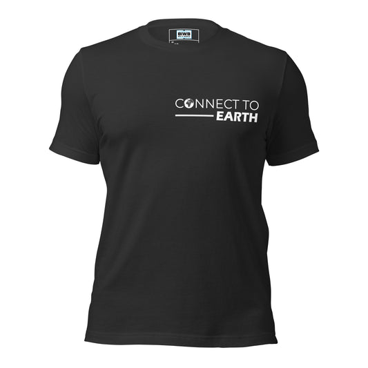 A bold design with the phrase "CONNECT TO EARTH" in white, where "CONNECT TO" appears in a clean all-caps sans-serif font and "EARTH" is in a thicker, slightly slanted bold font. A white globe icon replaces the “O” in “CONNECT,” and a horizontal line beneath the text emphasizes the connection theme.