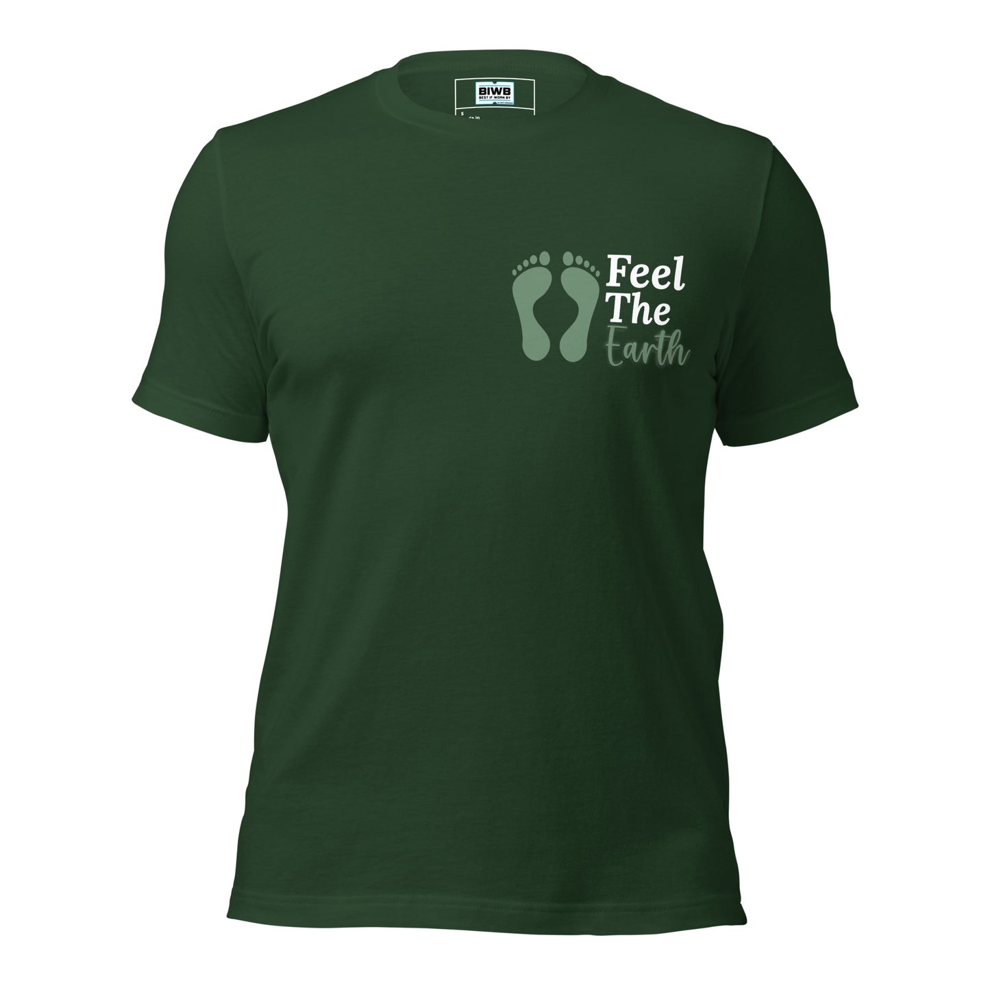 A nature-inspired design featuring two large sage green barefoot footprints on the left, beside the phrase "Feel The Earth." The words "Feel The" appear in bold white font, while "Earth" is written in a soft sage green cursive, blending boldness and flow to express grounding and natural connection.
