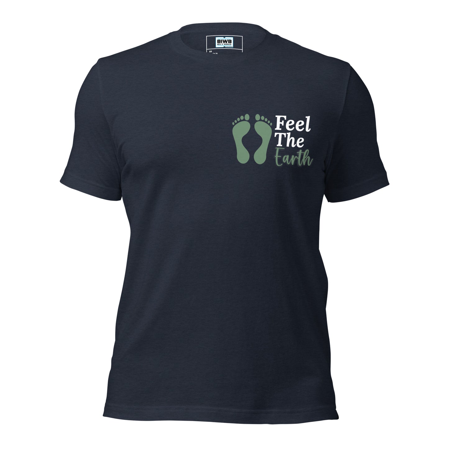 A nature-inspired design featuring two large sage green barefoot footprints on the left, beside the phrase "Feel The Earth." The words "Feel The" appear in bold white font, while "Earth" is written in a soft sage green cursive, blending boldness and flow to express grounding and natural connection.