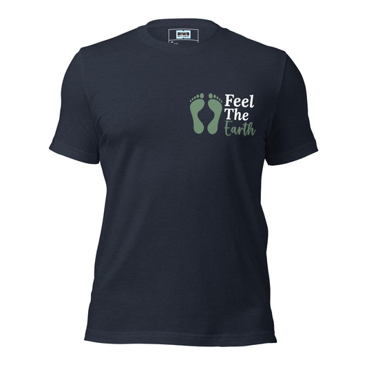 A nature-inspired design featuring two large sage green barefoot footprints on the left, beside the phrase "Feel The Earth." The words "Feel The" appear in bold white font, while "Earth" is written in a soft sage green cursive, blending boldness and flow to express grounding and natural connection.