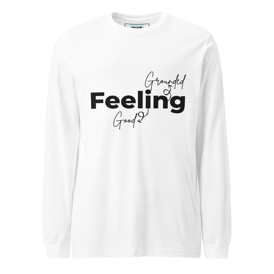 The word “Feeling” appears in large, bold black letters at the center of the design, with the words “Grounded” and “Good” in smaller serif font above and below it in black. Curved arrows loop upward from “Good” to “Grounded,” forming a visual flow around “Feeling,” symbolizing emotional balance and positivity.