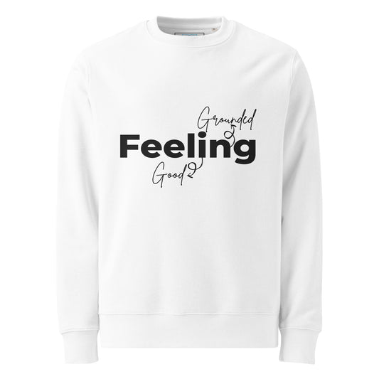 The word “Feeling” appears in large, bold black letters at the center of the design, with the words “Grounded” and “Good” in smaller serif font above and below it in black. Curved arrows loop upward from “Good” to “Grounded,” forming a visual flow around “Feeling,” symbolizing emotional balance and positivity.