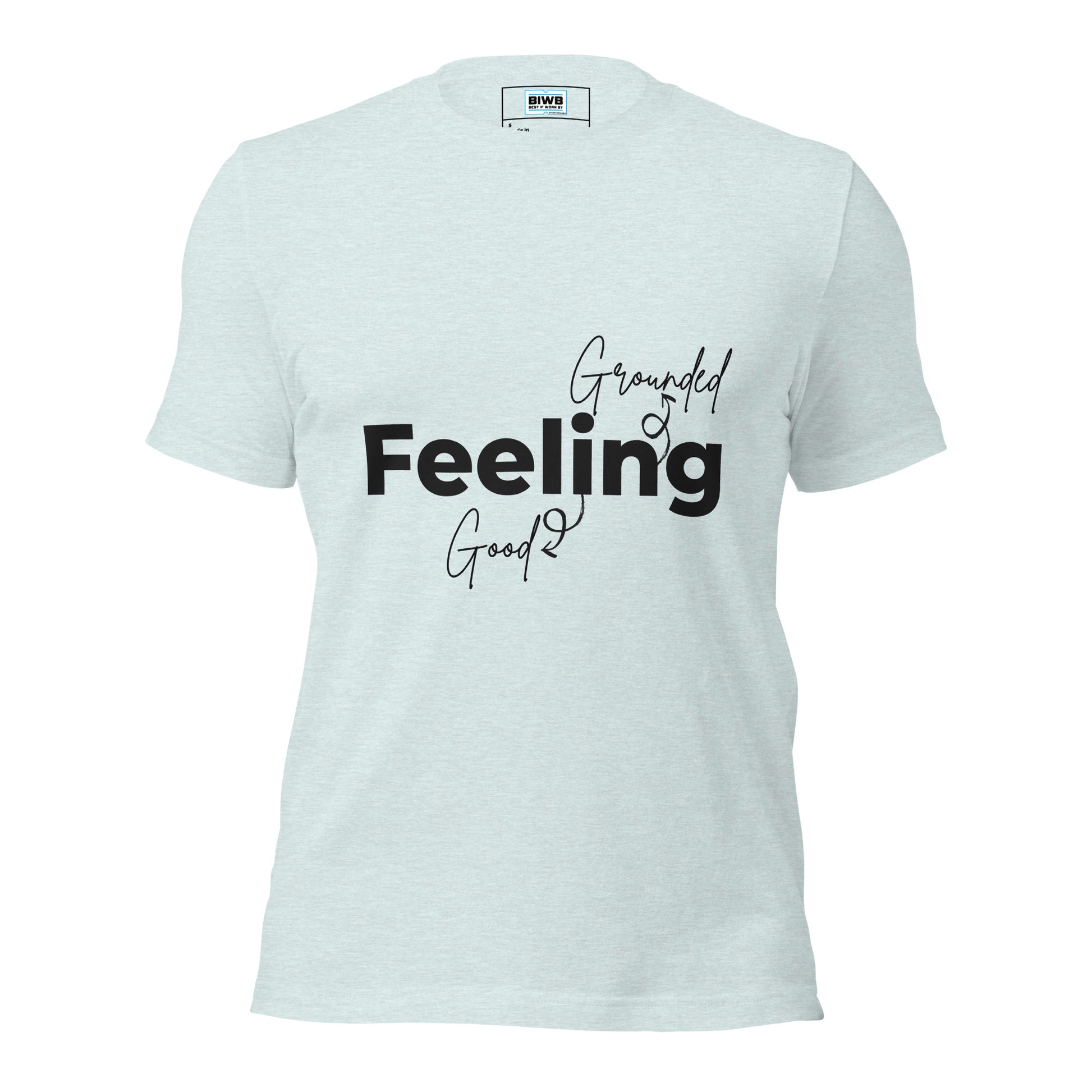 The word “Feeling” appears in large, bold black letters at the center of the design, with the words “Grounded” and “Good” in smaller serif font above and below it in black. Curved arrows loop upward from “Good” to “Grounded,” forming a visual flow around “Feeling,” symbolizing emotional balance and positivity.

